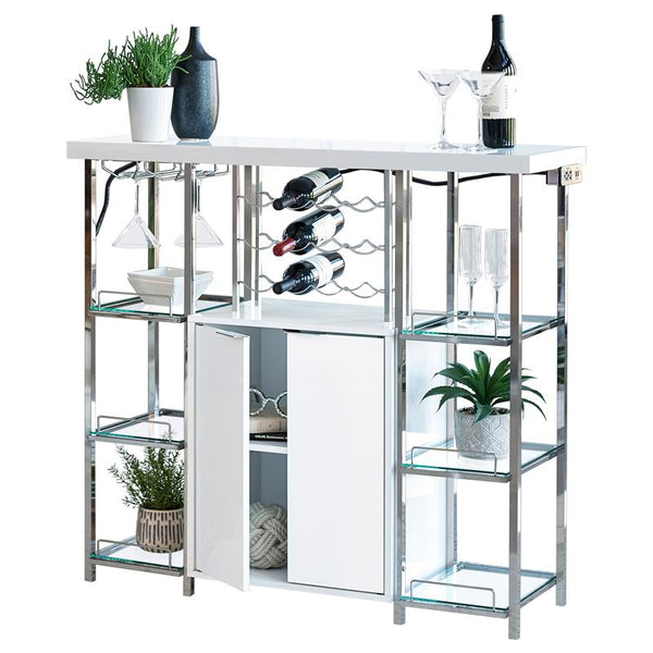 Gallimore 2-door Bar Cabinet with Glass Shelf High Glossy White and Chrome - 182757