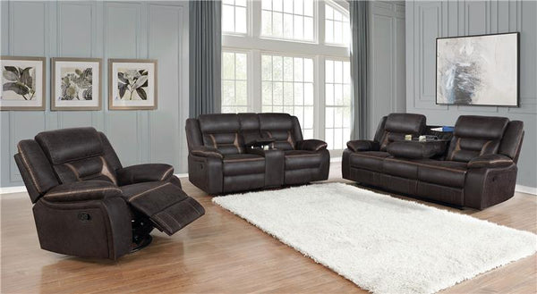 Greer Upholstered Motion Reclining Sofa Brown - 651354
