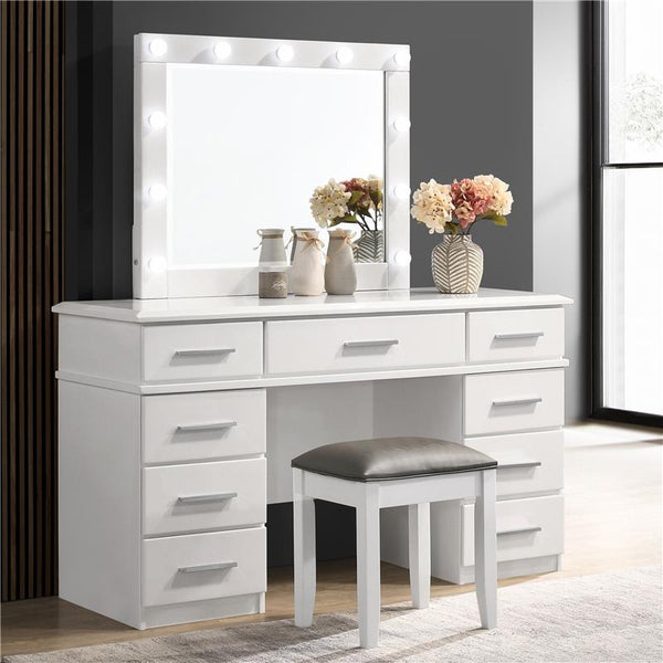 Felicity 9-drawer Vanity Desk with Lighted Mirror Glossy White - 203507