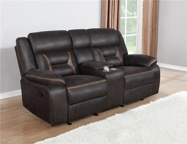 Greer Upholstered Motion Reclining Loveseat Brown - 651355
