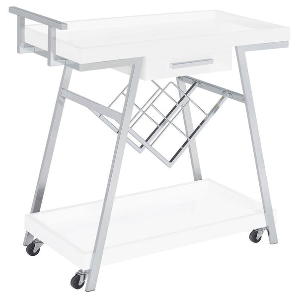 Kinney 2-tier Bar Cart with Storage Drawer White High Gloss and Chrome - 181024