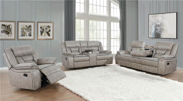 Greer Upholstered Motion Reclining Sofa Taupe - 651351