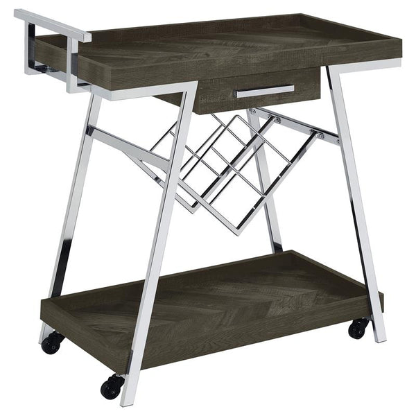 Kinney 2-tier Bar Cart with Storage Drawer Rustic Grey and Chrome - 181025