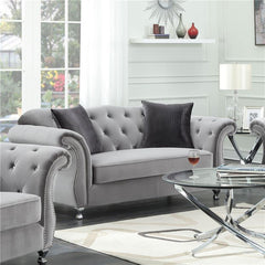 Frostine Upholstered Rolled Arm Tufted Loveseat Silver - 551162